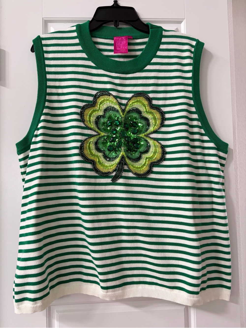 QUEEN OF SPARKLES Green and White Striped Sweater vest Top with Sequin Clover